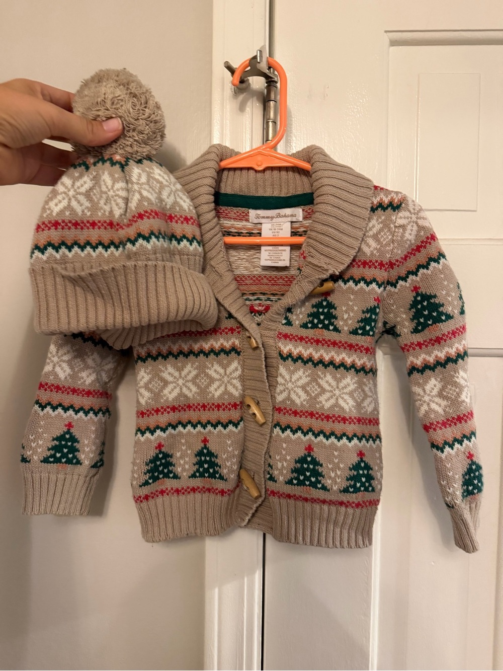 Tommy Bahama Kids Beige Fair Isle Cardigan with Pom Beanie